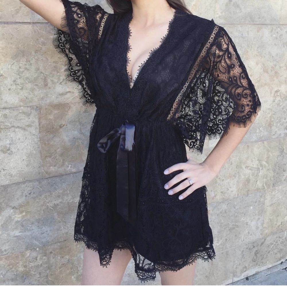 Storia Black Lace Kimono dress with Satin Tie